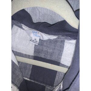 Time & Tru Womens Navy & White Plaid Button-Up Hoodie Shirt Size M (8-10)